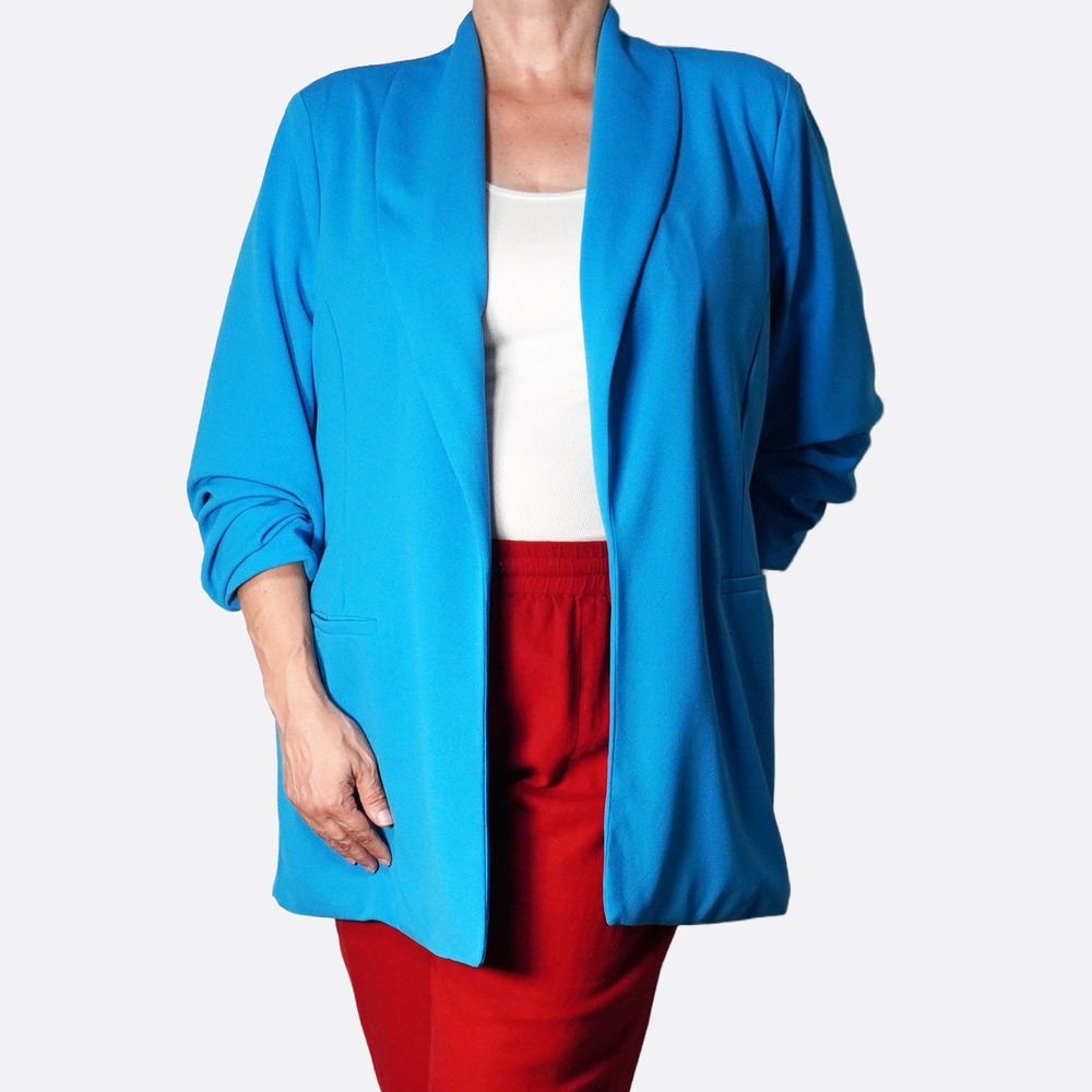 Dakota Blue Crepe Knit Blazer 2X 3X 20 22 Cerulean Ruched Sleeve Open Front NWT